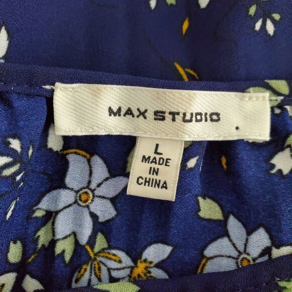 Max Studio Womens Blue Floral Polka Dot Print Crinkle Blouse Size L Flowy Career - Picture 5 of 10